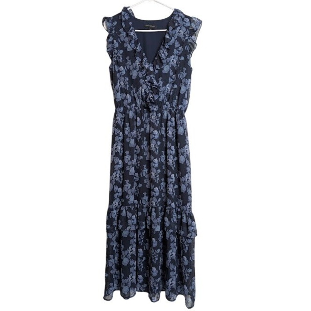 Banana‎ Republic Blue Floral Midi Dress Ruffle Flutter Sleeve Tiered Office